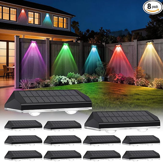 AUDLES Solar Fence Lights Outdoor Waterproof LED, 8 Modes Warm & RGB 6 Color Changing Solar Powered Flood Wall Lights, Solar Light for Step, Pathway, Garden, Deck, Stairs Decor- 12 Pack
