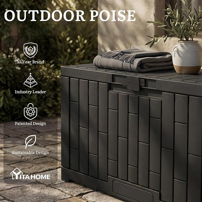 YITAHOME 60 Gallon Outdoor Storage Box | Waterproof Resin Deck Box with Slide-Locking Lid, Patio Storage Bin and Bench Seat for Patio Furniture, Garden Tools and Pool