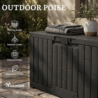 YITAHOME 60 Gallon Outdoor Storage Box | Waterproof Resin Deck Box with Slide-Locking Lid, Patio Storage Bin and Bench Seat for Patio Furniture, Garden Tools and Pool