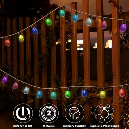 Colors Changing Solar String Lights Outdoor, 20Ft Vintage Rope Hemp Color Change Patio Lights, 16 Waterproof Shatterproof Bulbs Solar Light for Garden Yard Proch Wedding Party - Warm White & RGB