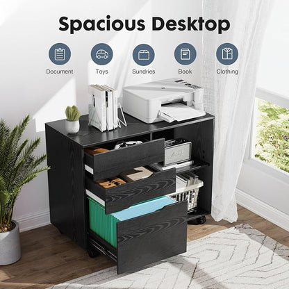 DUMOS Wood File Cabinet with 3 Drawers, Rolling Printer Stand | Under Desk Storage Organizer Home Office Space with Shelves for Files and Office Supplies, Rust