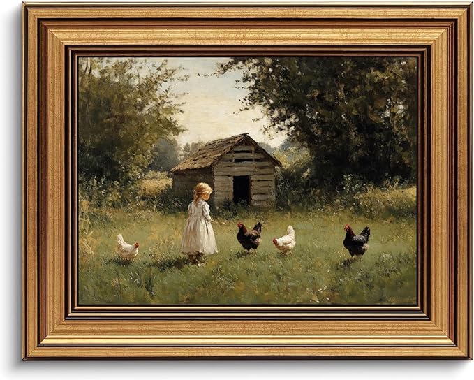 Devunaty Gold Framed Country Canvas Wall Art, Vintage Farm Girl with Chickens Poster Print, Rustic Landscape Painting Picture, Pastoral Farmhouse Artwork Wall Decor for Bedroom Nursery Bathroom 9x11in