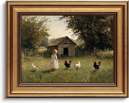 Devunaty Gold Framed Country Canvas Wall Art, Vintage Farm Girl with Chickens Poster Print, Rustic Landscape Painting Picture, Pastoral Farmhouse Artwork Wall Decor for Bedroom Nursery Bathroom 12x16in