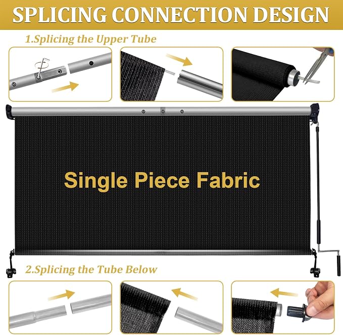 Shade&Beyond Outdoor Roller Shades with Splicing Design, 9' W x 8' H Cordless Patio Roll Up Blinds, Exterior Shade Cloth Roll for Porch, Gazebo, Pergola, Balcony, Black