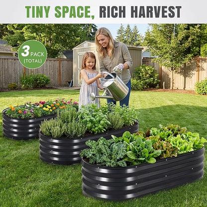INNO STAGE 3Pcs Galvanized Raised Garden Bed Kit, Outdoor Metal Raised Garden Beds for Vegetables, Rust-Resistant & Easy Assembly, 4x2x1ft Oval Raised beds for Gardening, Flowers, Herbs (CoatedGrey)