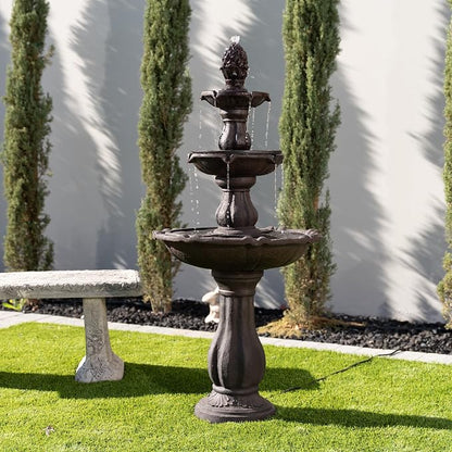 XBrand 3-Tier Water Fountain w/Pump & Pineapple Top, 51 Inch Tall, Brown, Large Outdoor Freestanding Waterfall Decor for Porch, Lawn and Garden