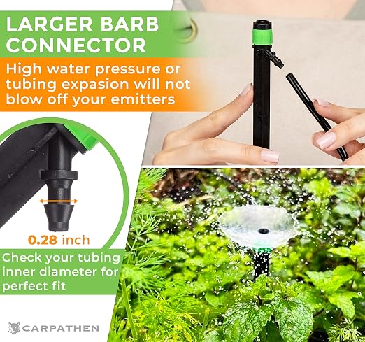 CARPATHEN 12pcs Drip Irrigation Emitters - Compatible with ¼ inch Drip Irrigation Tubing - 360 Degree Adjustable Flow Garden Irrigation Drippers for Drip Irrigation System - Spare Parts Included