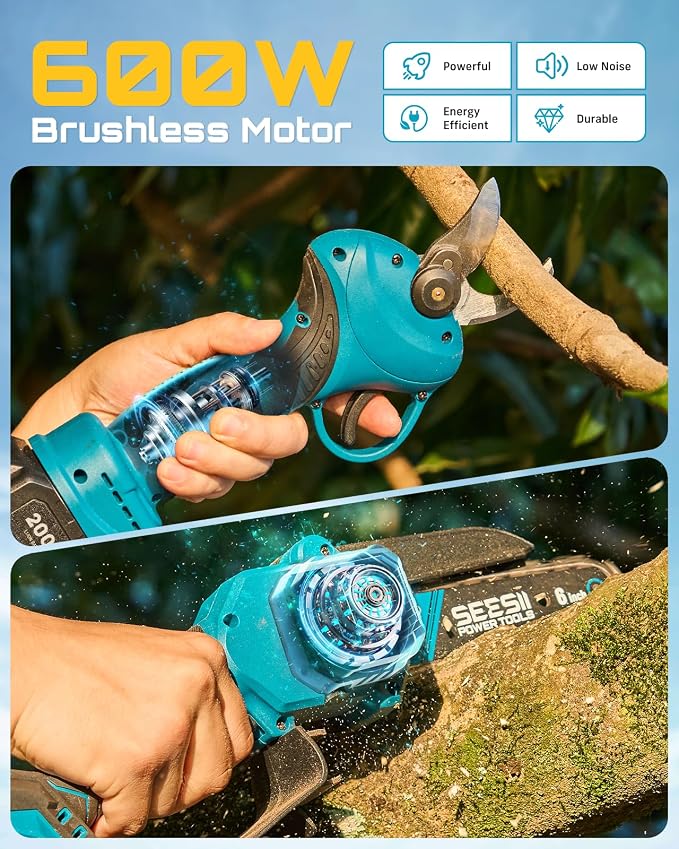SEESII Mini Chainsaw & Electric Pruning Shears Combo, 6-inch Brushless Handheld Power Chain Saw, 1.2” Cutting Cordless Pruner for Tree Trimming, Tools Kit with 2x2000mAh Batteries, Fast Charger