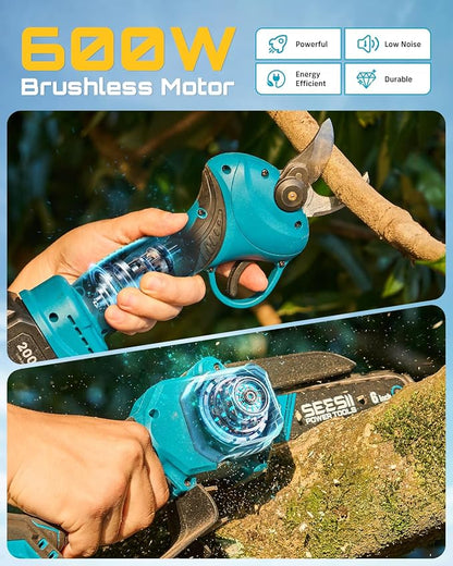 SEESII Mini Chainsaw & Electric Pruning Shears Combo, 6-inch Brushless Handheld Power Chain Saw, 1.2” Cutting Cordless Pruner for Tree Trimming, Tools Kit with 2x2000mAh Batteries, Fast Charger
