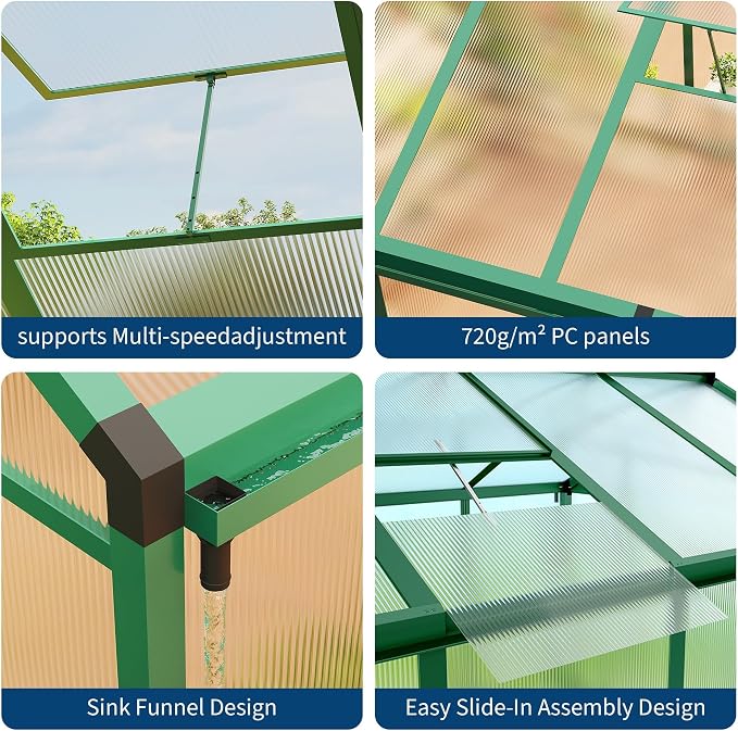 8x12 FT Greenhouse, Easy Assembly Aluminum Polycarbonate Greenhouses for Outdoors with Roof Vent, Large Aluminum Walk-in Greenhouse for Sunroom Patio, Backyard, Garden, Sliding Lockable Door, Green