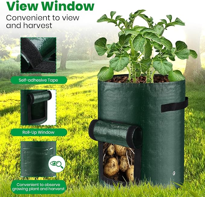 10 Gallon 3-Pack Potato Grow Bags, Heavy Duty PE Fabric Pots with Flap and Handles, Green Planter Bags for Potato Vegetables Outdoor Garden, 17.7''x13.8'' Large for All Plants Growing