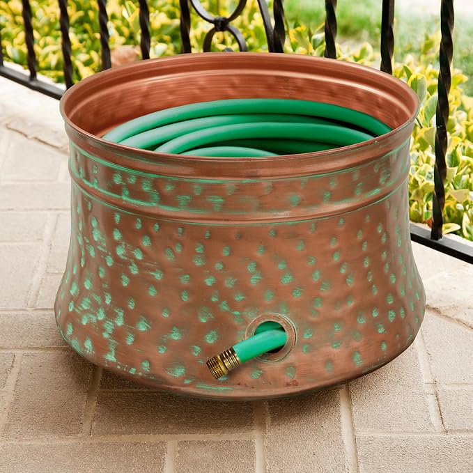 Liberty Garden 1917-G Hose Pot, Hammered, Patina & Bionic Steel PRO Garden Hose - 304 Stainless Steel Metal 75 Foot Garden Hose – Heavy Duty Garden Hose Lightweight