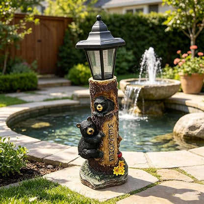 Brown Bear Statue for Garden with Solar Lights, 19 Inch Resin Bear Cubs Welcome Sign Outdoor Decor, Solar Powered Auto On/Off LED, Weather Resistant Yard Lawn Patio Cabin Figurine