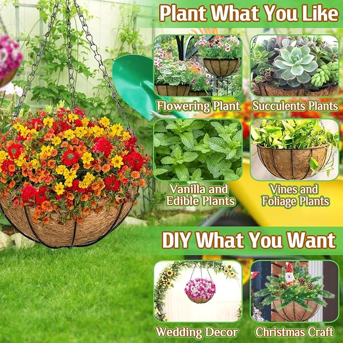 ZeeDix 2 Pack 20 Inch Large Hanging Baskets for Plants Outdoor with Coconut Liners Replacement, Hanging planters Baskets with Natural Coco Liner for Outdoor Indoor Planters Flowers Vegetables