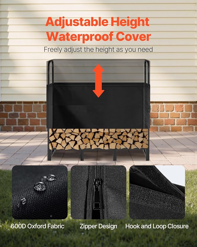 VEVOR Firewood Rack with Waterproof Cover, 4 ft Outdoor Firewood Holder, 1/4 Cord Storage Metal Log Holder, 400lb Max Weight Capacity, Top Covered, Powder-Coated Wood Storage Rack for Fireplace Deck