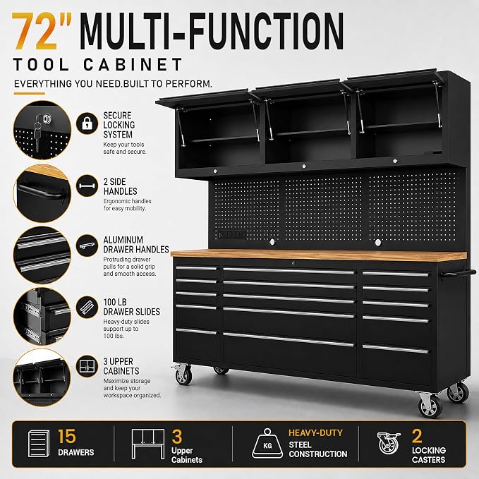 CHETTO C 72-inch Rolling Tool Chest Cabinet Mobile Workbench with 15 Storage Drawers and Wheels 3 Uper Cabinet Outlet SS Pegboard Black Tool Box for Garage