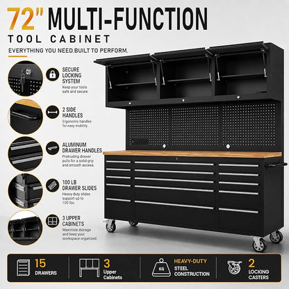 CHETTO C 72-inch Rolling Tool Chest Cabinet Mobile Workbench with 15 Storage Drawers and Wheels 3 Uper Cabinet Outlet SS Pegboard Black Tool Box for Garage
