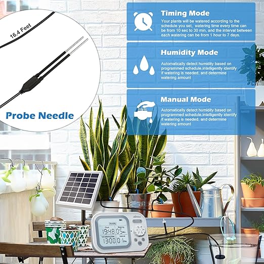 Solar Drip Irrigation System, 490 Timer Modes, 50FT Automatic Plant Watering Kit for 15 Potted Plants, IP67 Waterproof Auto Solar Irrigation Indoor and Outdoor Use for Garden,Balcony, Patio