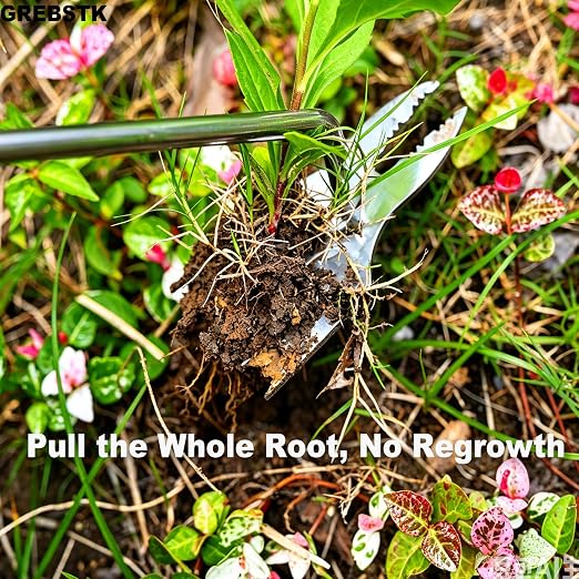 GREBSTK Deep Root Weed Puller, Stainless Steel Heavy Duty 5+2 Tooth | 5-Tooth Surface & 2-Tooth Root Claws, Rustproof Steel, Non-Slip Grip, for Dandelion, Thistle, Crabgrass in Lawns & Beds