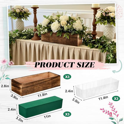 Dandat 3 Set Wood Boxes for Centerpieces 12x4 Inch Rectangle Wooden Planter Box Rustic Wood Planter with Removable Plastic Liner Floral Foam Blocks for Centerpieces Home Wedding Garden Decor