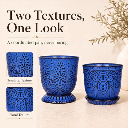 Gepege 6 Inch Beaded Ceramic Planter Set of 2 with Drainage Hole and Saucer for Plants, Indoor-Outdoor Large Round Succulent Orchid Flower Pot (Blue, for Inner-pots not Larger Than 5 Inch)