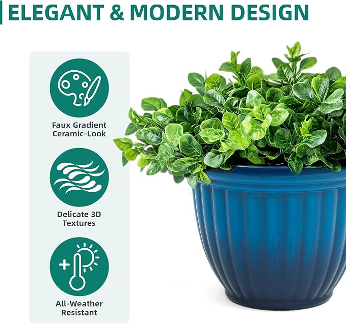 Autodaya 15" Large Flower Pots Set of 2 Plastic Planters for Outdoor Plants | Plant Pot with 3D Textures, Gradient Cobalt Blue Glaze, Weather-Resistant for Porch, Garden, Patio or Indoor Use