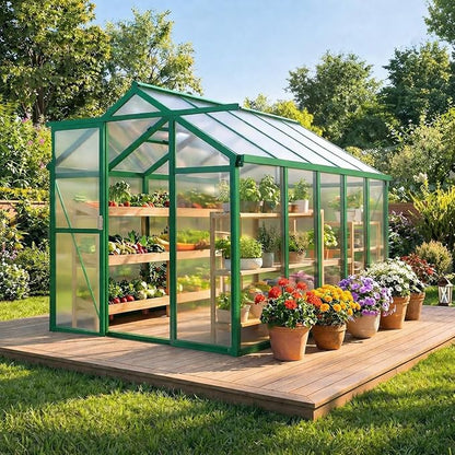 Garvee 6 X 10 Greenhouse, Greenhouses for Outside, Polycarbonate Greenhouse with Aluminum Frame, Lockable Door and Ajustable Roof Vent for Backyard, Green Houses for Outside Garden Backyard, Patio