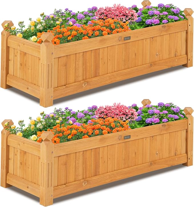 Giantex 2 Pcs Raised Garden Bed, Wooden Planter w/Drainage Holes, Rectangular Plant Box for Vegetables Flowers Herbs Fruit Growing, Raised Container for Garden Patio Balcony, Easy Assembly