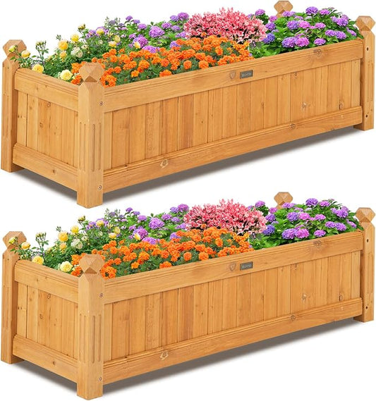 Giantex 2 Pcs Raised Garden Bed, Wooden Planter w/Drainage Holes, Rectangular Plant Box for Vegetables Flowers Herbs Fruit Growing, Raised Container for Garden Patio Balcony, Easy Assembly