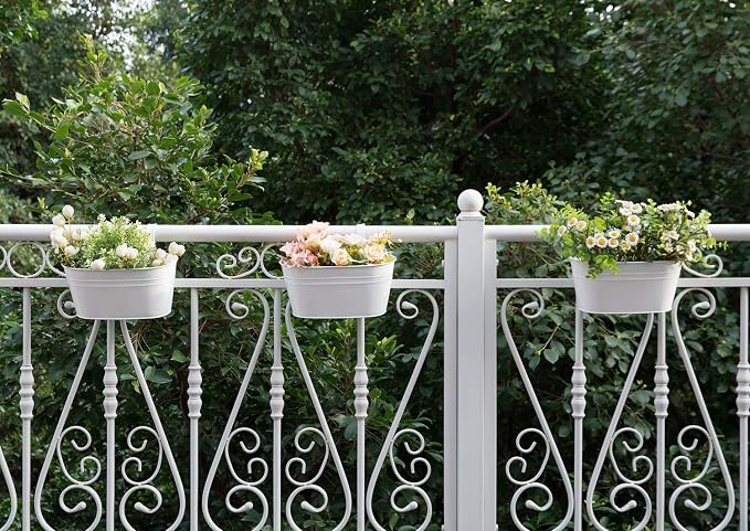 Dahey 3 Pcs 10.5 Inch Metal Iron Hanging Flower Pots for Railing Fence Hanging Bucket Pots Countryside Style Window Flower Plant Holder with Detachable Hooks Home Decor,White