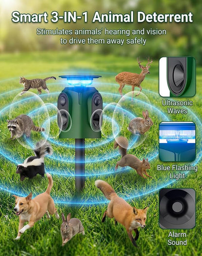 360° Solar Deer Repellent Devices, Motion Activated Ultrasonic Animal Repeller with Flashing Lights, Waterproof Cat Repellent Outdoor, Repel Dog, Raccoon & Coyote Out of Garden - USB Rechargeable