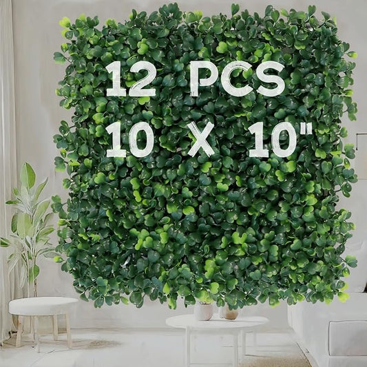 Artificial Grass Wall Panels 12 Pcs 10"x10" Greenery Wall Decor | Boxwood Panels Small Grass Wall Apartment Balcony Fake Hedge for Indoor Outdoor. Zero Maintenance Greenery Wall Backdrop.