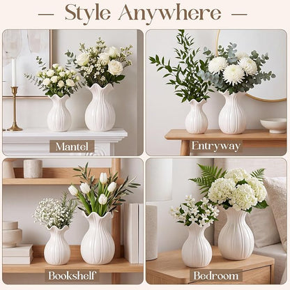 2 Pack White Ceramic Vase Set Small Rustic Decorative Vases Home Decor Wavy Edge Modern Flower Vases for Farmhouse Table Centerpiece Living Room Kitchen Bedroom (6.7, 7.9in, Elegant)