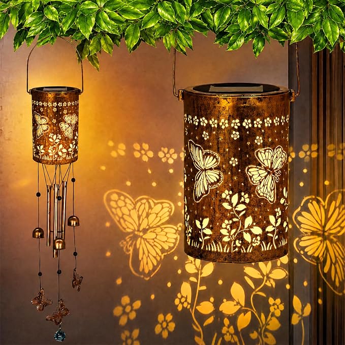 Solar Wind Chimes for Outside - Retro Metal Hanging Solar Lantern for Garden, Patio Decor, IP65 Waterproof Solar Powered Light - Perfect Birthday, for Women(Butterfly)