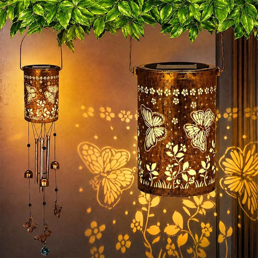 Solar Wind Chimes for Outside - Retro Metal Hanging Solar Lantern for Garden, Patio Decor, IP65 Waterproof Solar Powered Light - Perfect Birthday, for Women(Butterfly)