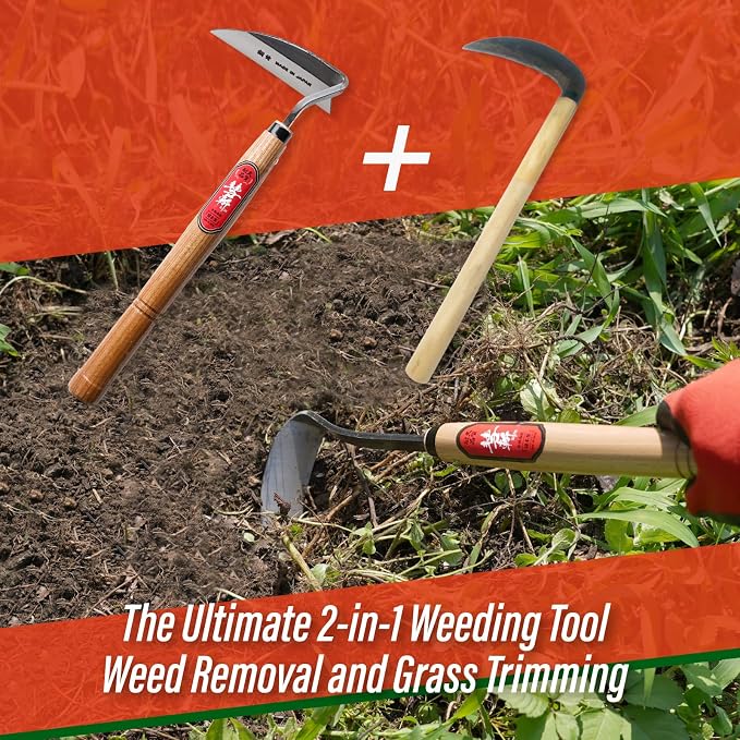 SUIZAN Nejiri Kama 2-in-1 Weeding Sickle 15.8" – Twist Blade for Root Removal & Crescent Blade for Grass Cutting – Japanese Garden Tool for Lawn & Yard