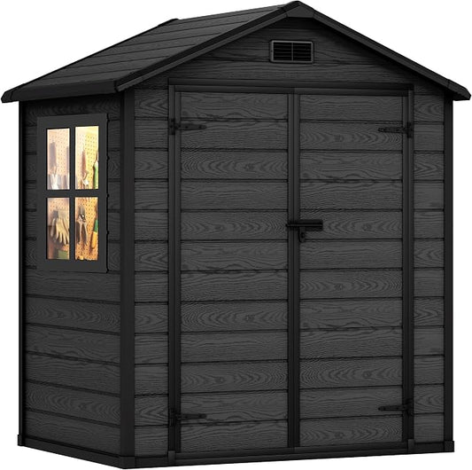 DWVO 6X5FT Resin Storage Shed with Reinforced Floor, Outdoor Storage Shed with Lockable Door, Window and Vents, Waterproof Plastic Tool Shed for Garden, Backyard, Patio, Lawn