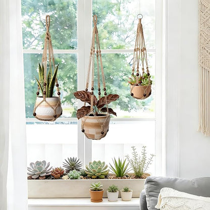 LEWESU 3 Pack Jute Macrame Plant Hanger Indoor 3 Different Sizes Hanging Planter Basket Flower Pot Holder with Wood Beads & No Tassels for Boho Home Decor, 23, 30, 35 Inch, Brown (Pot Not Included)