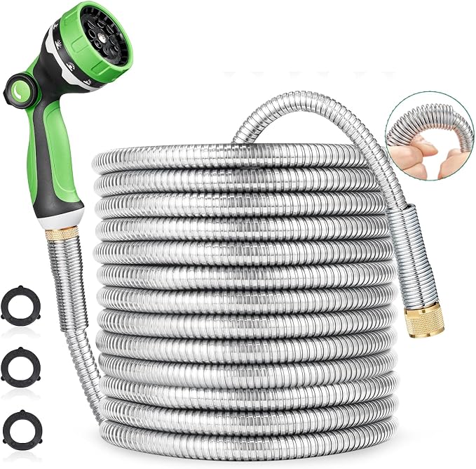 HOMEIDEAS 75 ft Leak-proof Stainless Steel Metal Garden Hose Set - Newly Premium SUS304 Spring Protective Sleeve, Anticorrosive 3/4" Brass Fittings - Perfect for Outdoor Watering