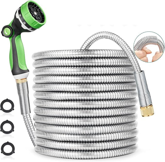 HOMEIDEAS 75 ft Leak-proof Stainless Steel Metal Garden Hose Set - Newly Premium SUS304 Spring Protective Sleeve, Anticorrosive 3/4" Brass Fittings - Perfect for Outdoor Watering