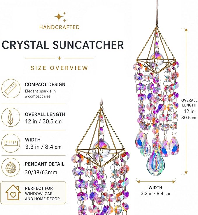 HDCRYSTALGIFTS Crystal Suncatchers for Window Hanging Glass Wind Chime Style Garden Sun Catchers with Crystals Prisms Rainbow Maker Indoor Outdoor Decor Handmade Gold Plated