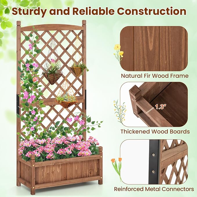 Giantex Raised Garden Bed with Trellis Set of 2, 60” Wooden Planter Container w/Drainage Holes, High Trellis for Plant Flower Climbing Pot Hanging, Indoor Outdoor Planter Box for Yard Garden Balcony