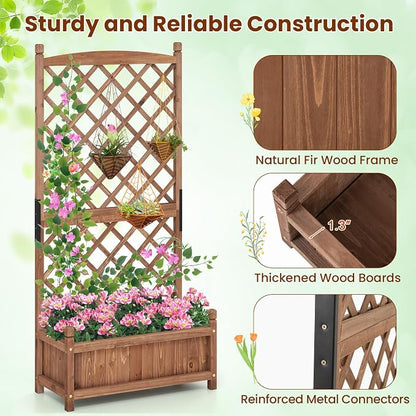 Giantex Raised Garden Bed with Trellis Set of 2, 60” Wooden Planter Container w/Drainage Holes, High Trellis for Plant Flower Climbing Pot Hanging, Indoor Outdoor Planter Box for Yard Garden Balcony