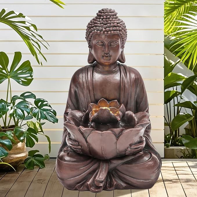 Zen Buddha Water Fountain Outdoor, 19" H Handcrafted Buddha Statue Water Feature with Soothing Waterfalls & Lights, Peaceful Oasis for Garden Patio Yard Deck Living Room Floor Tabletop Decor | Zen Lotus Water Feature with Soothing Cascading Waterfall f...