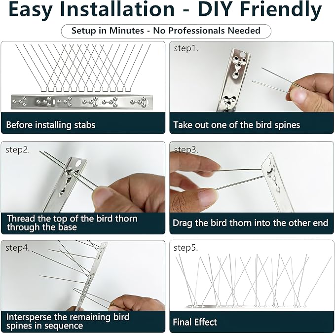 Stainless Steel Bird Spikes for Outside, Anti Bird Deterrent Spikes for Woodpeckers, Squirrels, Raccoons，Weatherproof Fence Spikes for Roof, Railing,Patio, 16.4 Feet