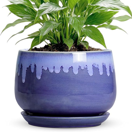 Ceramic Flower Pots - 7 Inch Indoor Planter with Drainage Hole and Saucer, Decorative Unique Flower Pot for Indoor Plants, Round Plant Pots, Office Patio Decor, Garden Gifts Women, Blue