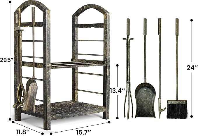AMAGABELI GARDEN & HOME Firewood Rack Indoor with Tools 5-Piece Fireplace Tools Set Wood Holder Outdoor Wrought Iron Log Holder Firewood Storage Rack for Fireplace,Fire Pit,Wood Stove Bronze