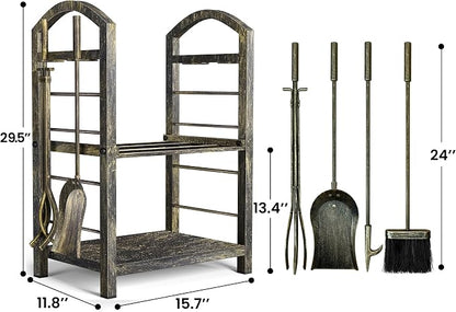 AMAGABELI GARDEN & HOME Firewood Rack Indoor with Tools 5-Piece Fireplace Tools Set Wood Holder Outdoor Wrought Iron Log Holder Firewood Storage Rack for Fireplace,Fire Pit,Wood Stove Bronze