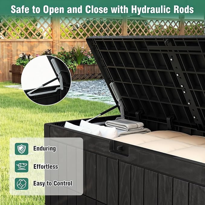 Tangkula 100 Gallon Outdoor Storage Box, Waterproof PP Resin Patio Storage Box with Lockable Lid for Indoor & Outdoor Use, 2-in-1 Rattan Design Deck Box for Cushions, Garden Tools