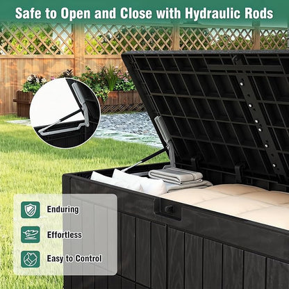 Tangkula 100 Gallon Outdoor Storage Box, Waterproof PP Resin Patio Storage Box with Lockable Lid for Indoor & Outdoor Use, 2-in-1 Rattan Design Deck Box for Cushions, Garden Tools